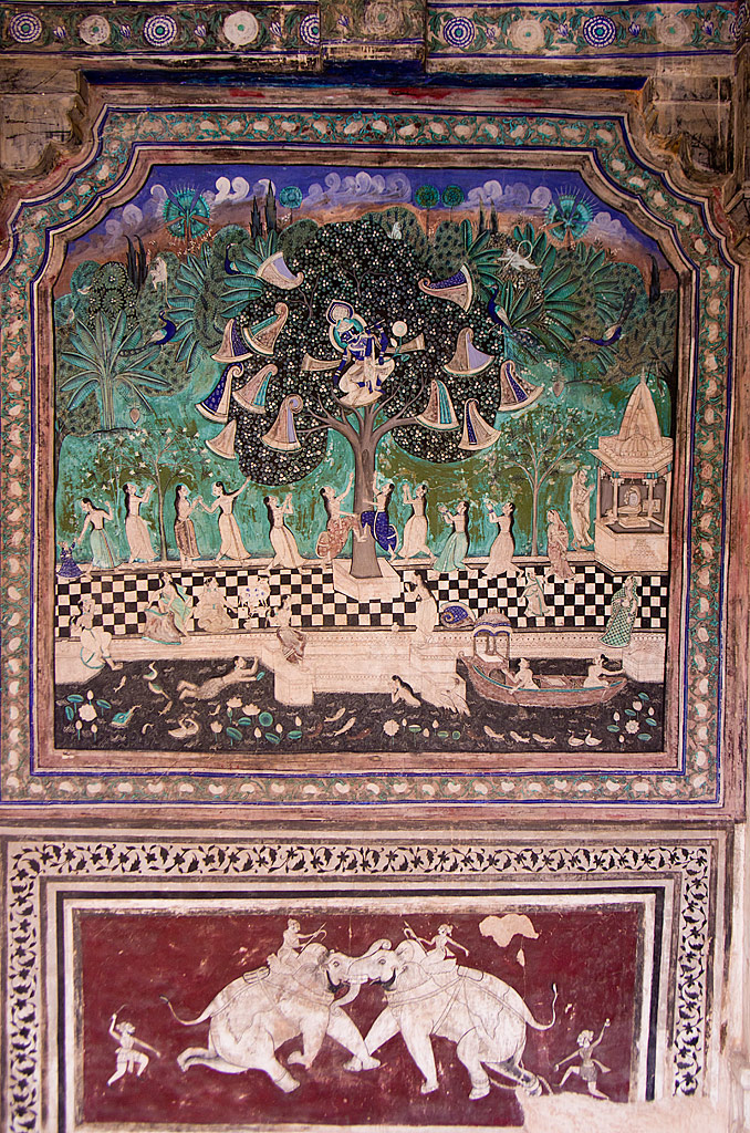 Väggmålning - Krishna stjäl herdeflickornas kläder