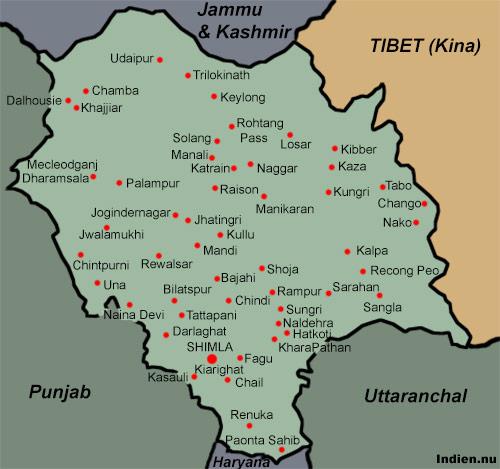 Karta över Himachal Pradesh med Manali, Shimla, Dharamsala, Lahul, Spiti mm