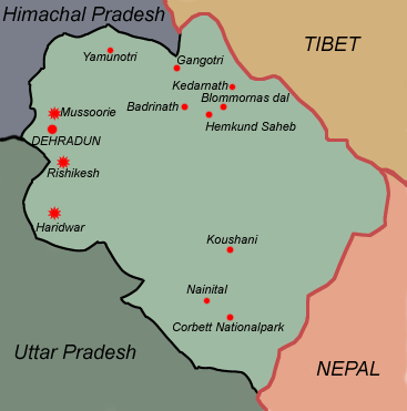 Karta över Uttarakhand (Uttaranchal)