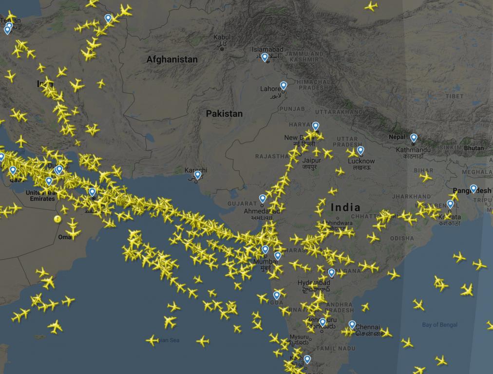 Radarkarta över Indien och Pakistans flygtrafik