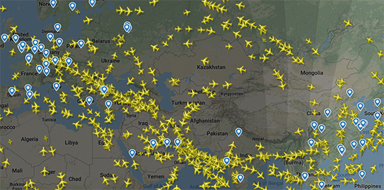 Flight Radar över Indien