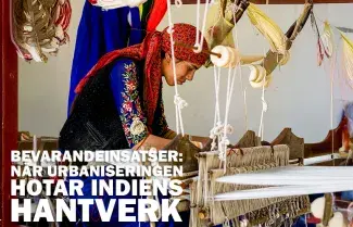 Ung indisk kvinna vid vävstol: Bevarandeinsatser: När urbaniseringen hotar Indiens hantverk