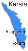 Karta över Backwater med Alappuzha och Kollamen