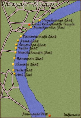 Karta över viktiga platser och Ghater i Varanasi / Benares
